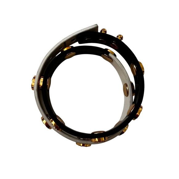 Rustic Cuff Meagan Genuine Leather Gold Studded Black White Wrap Bracelet - Picture 9 of 12